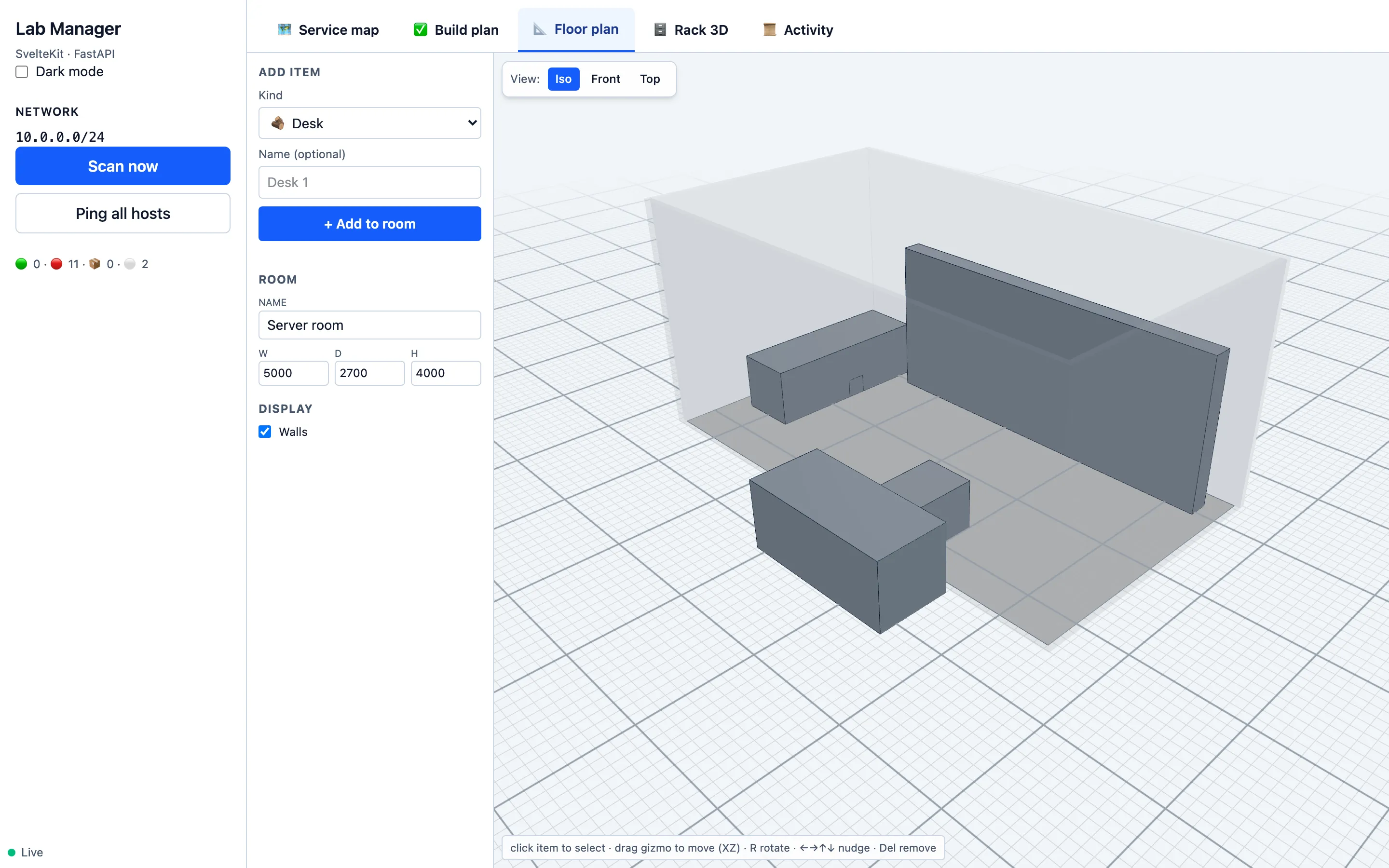 3D floor plan — room with rack, desk, and chair on an isometric grid