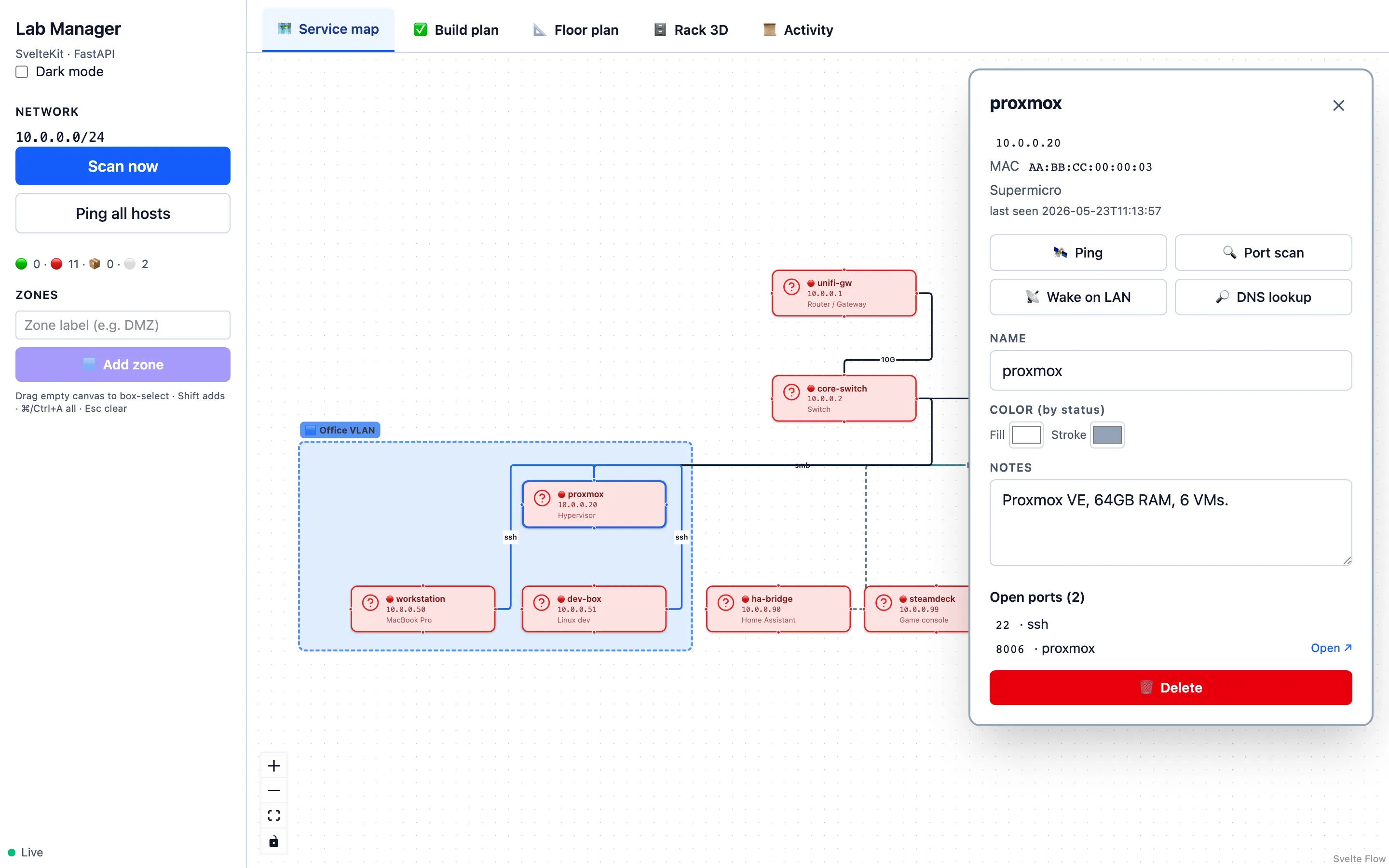 Inspector panel — host details, ping, port scan, WoL, DNS lookup, journal