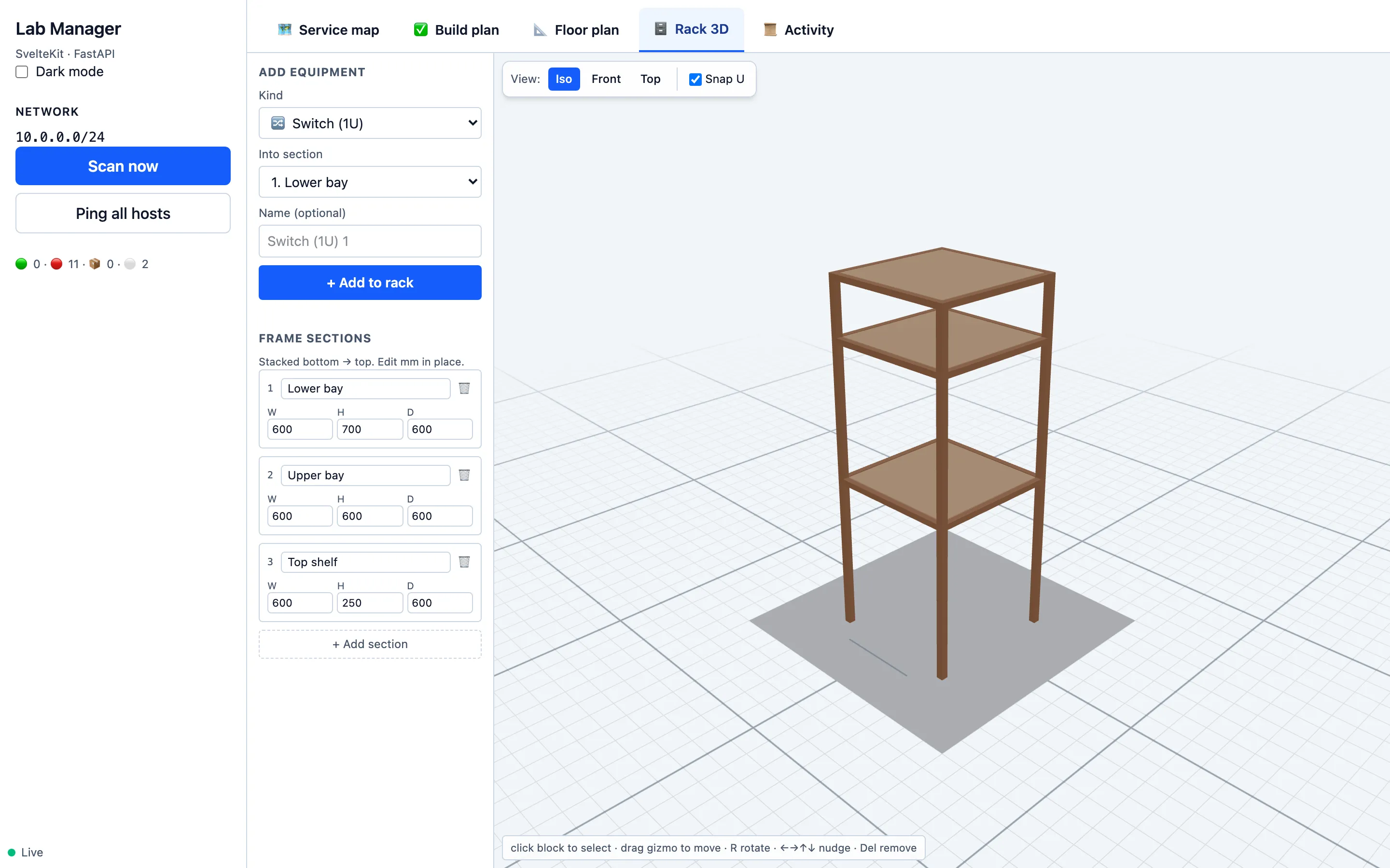 3D rack designer — wooden three-tier rack on a grid plane